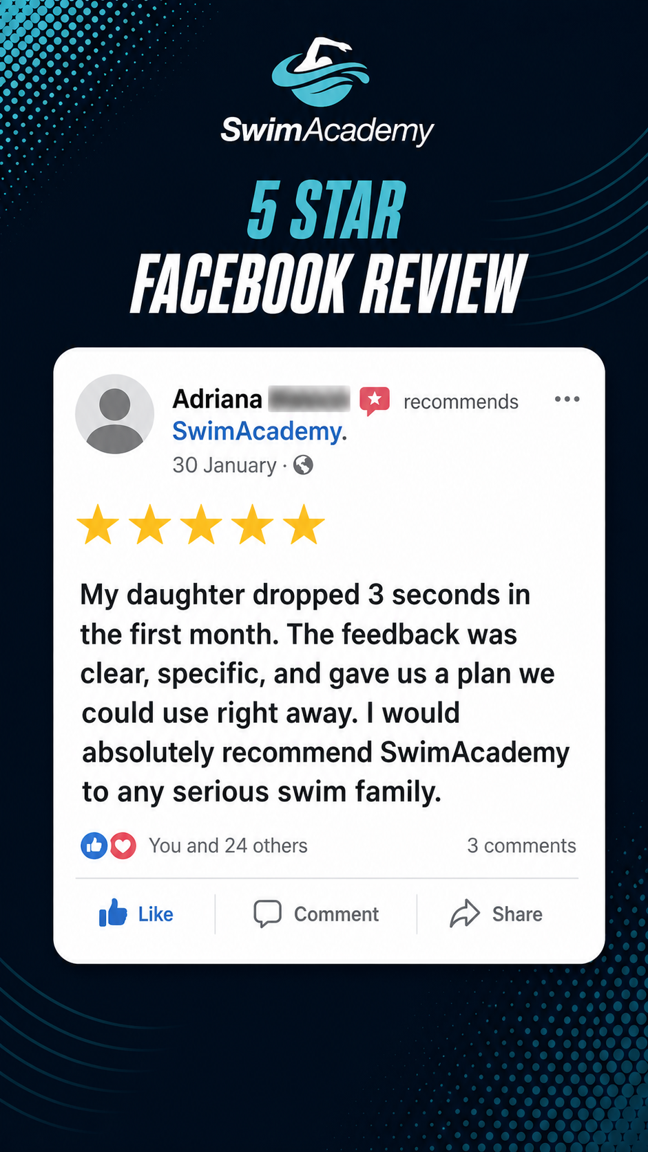 SwimAcademy 5 star Facebook review from Adriana