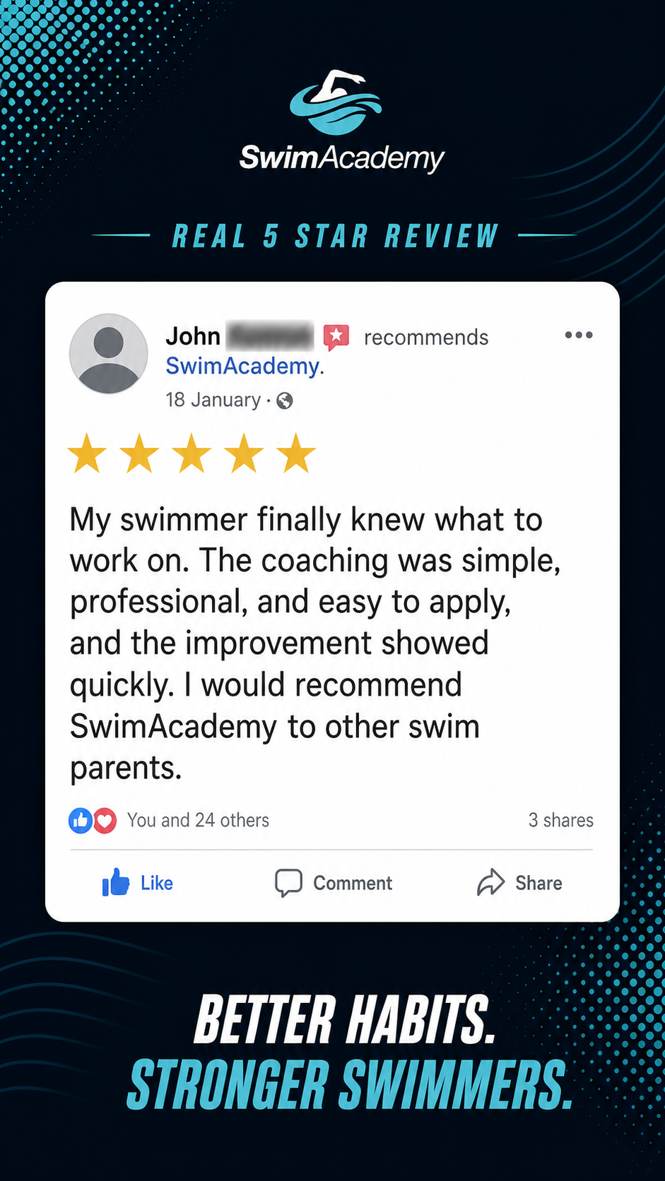 SwimAcademy 5 star Facebook review from John