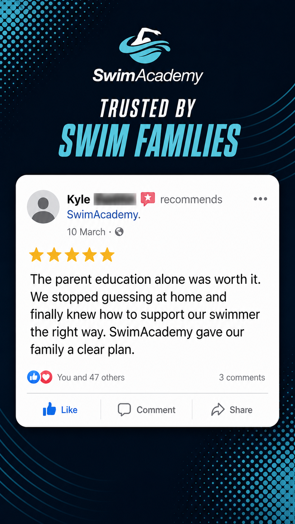SwimAcademy 5 star Facebook review from Kyle