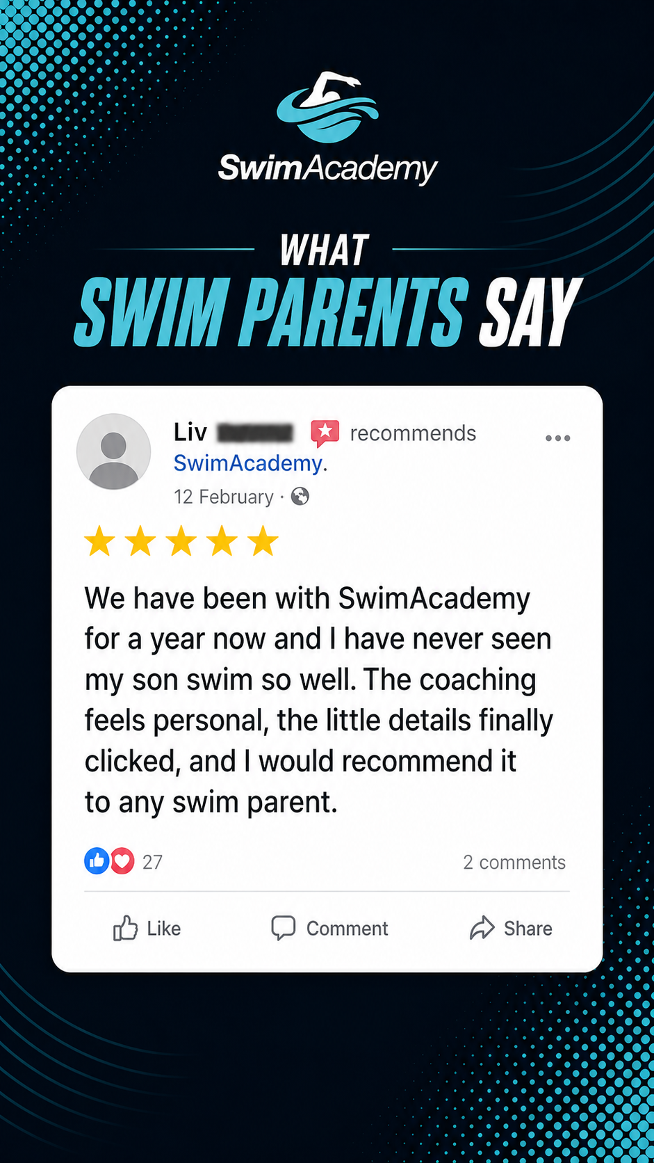 SwimAcademy 5 star Facebook review from Liv