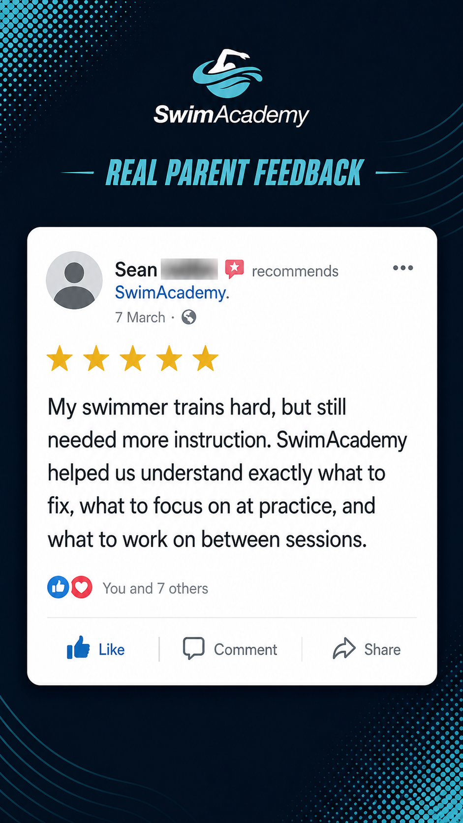SwimAcademy 5 star Facebook review from Sean
