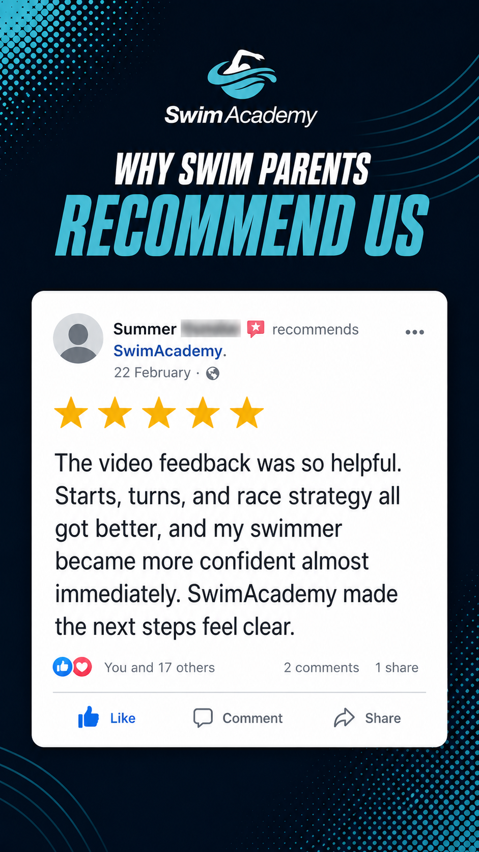 SwimAcademy 5 star Facebook review from Summer